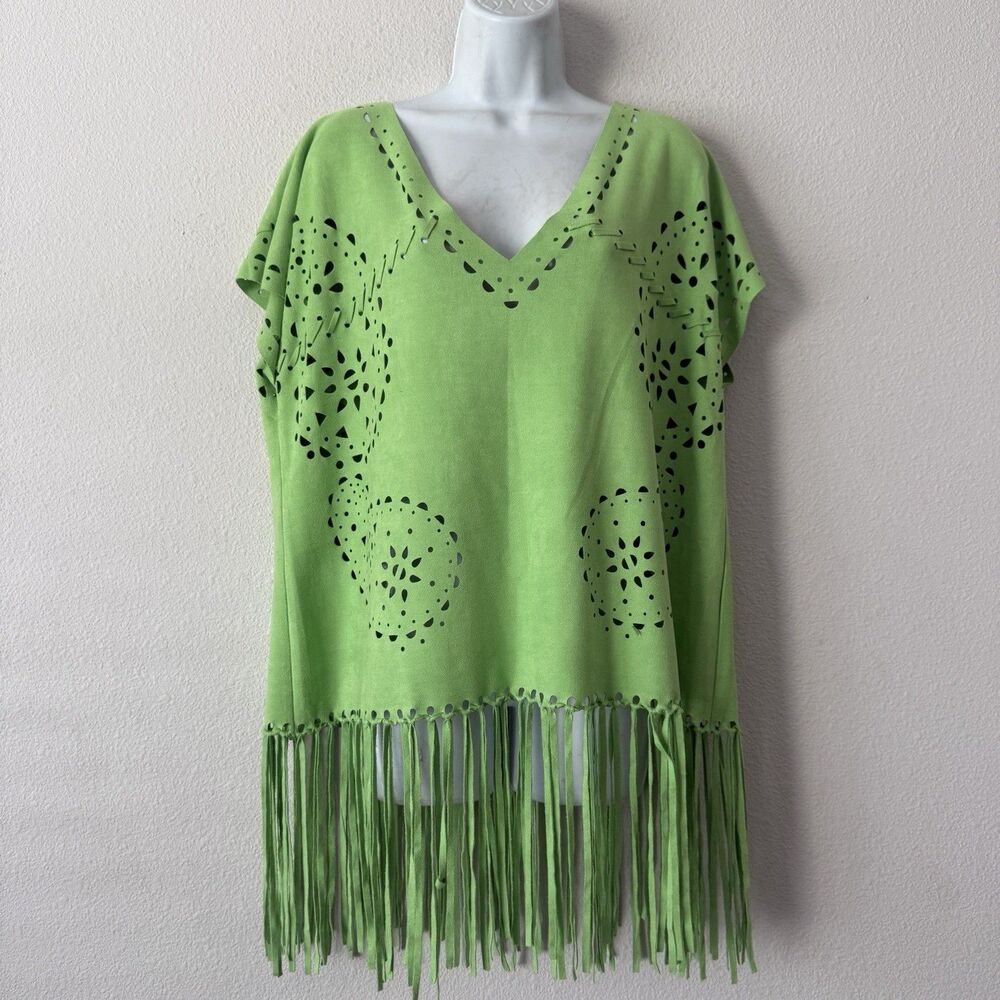 Alberto Makali Lime Green Faux Suede Laser Cut Poncho Fringe Top Festival XL
